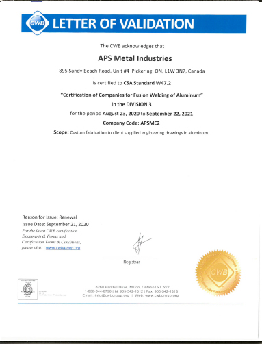 CWB STEEL & ALUMINIUM certificate